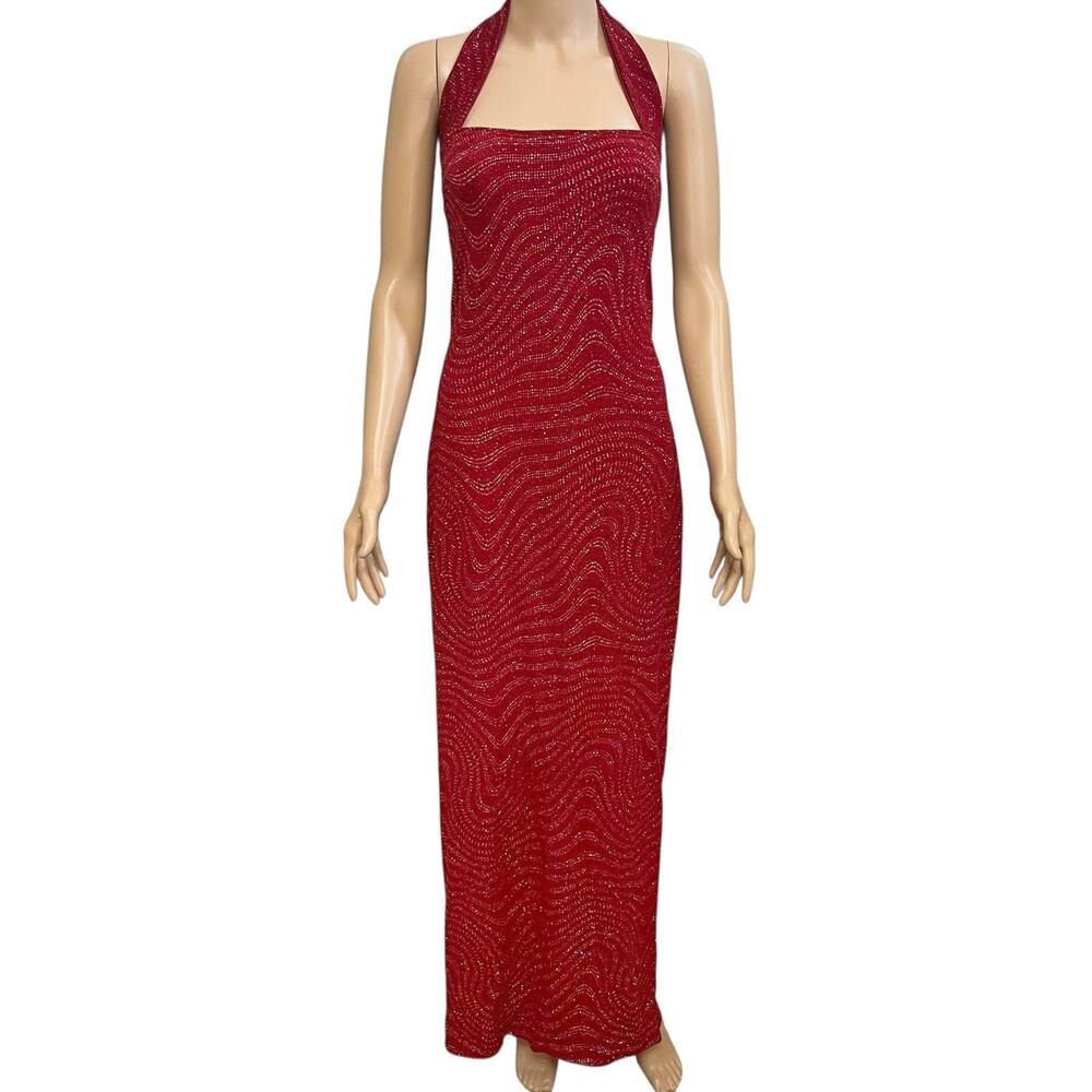 Scott McClintock Red Beaded Halter Maxi Dress